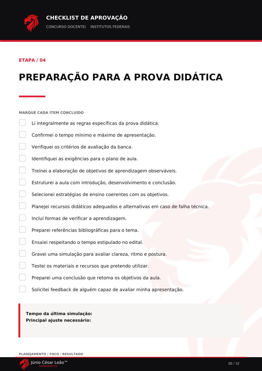 Página interna do checklist: Etapa 04 — Preparação para a prova didática