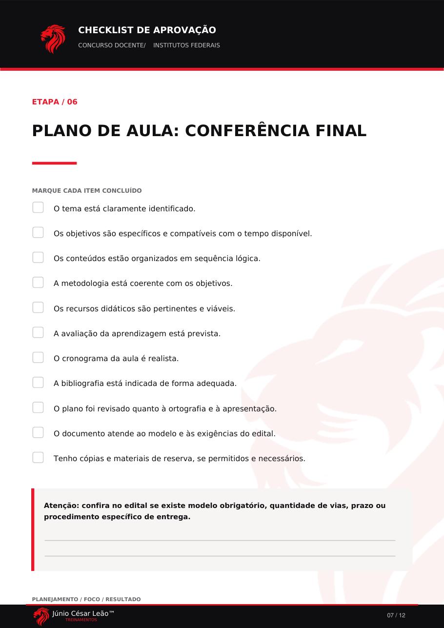 Página interna do checklist: Etapa 06 — Plano de aula